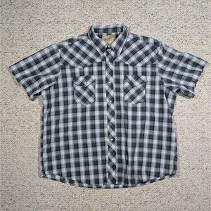Wrangler Western Shirt Mens 2XL Gray/White Plaid Short Sleeve Pearl Snap Button
